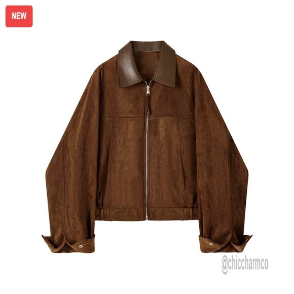 Jackets & Blazers - Faux Suede Cropped Jacket with Contrast Collar, Zip Front, Relaxed Fit